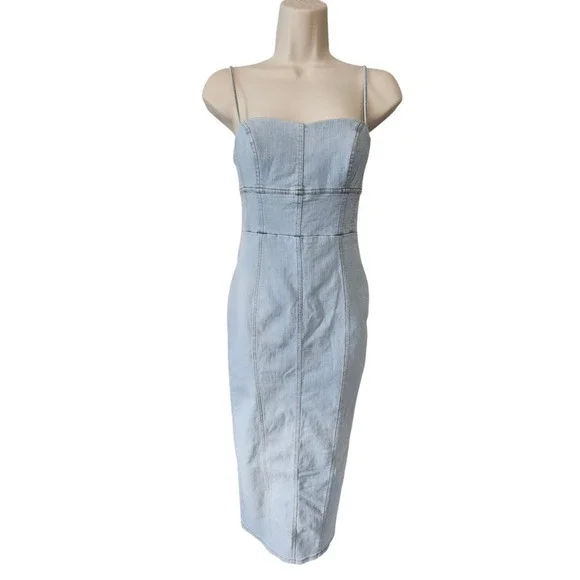 Saints & Secrets Denim Midi Dress Women XS AU6 Bodycon Spaghetti Strap Light Y2K - Picture 3 of 9